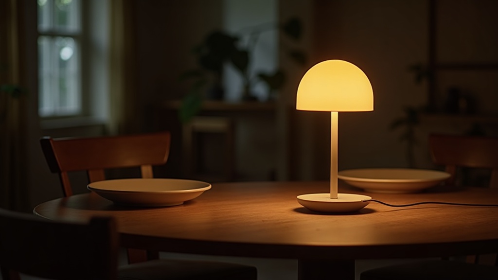 Battery powered table lamp as centrepiece on a wooden dining table set for two