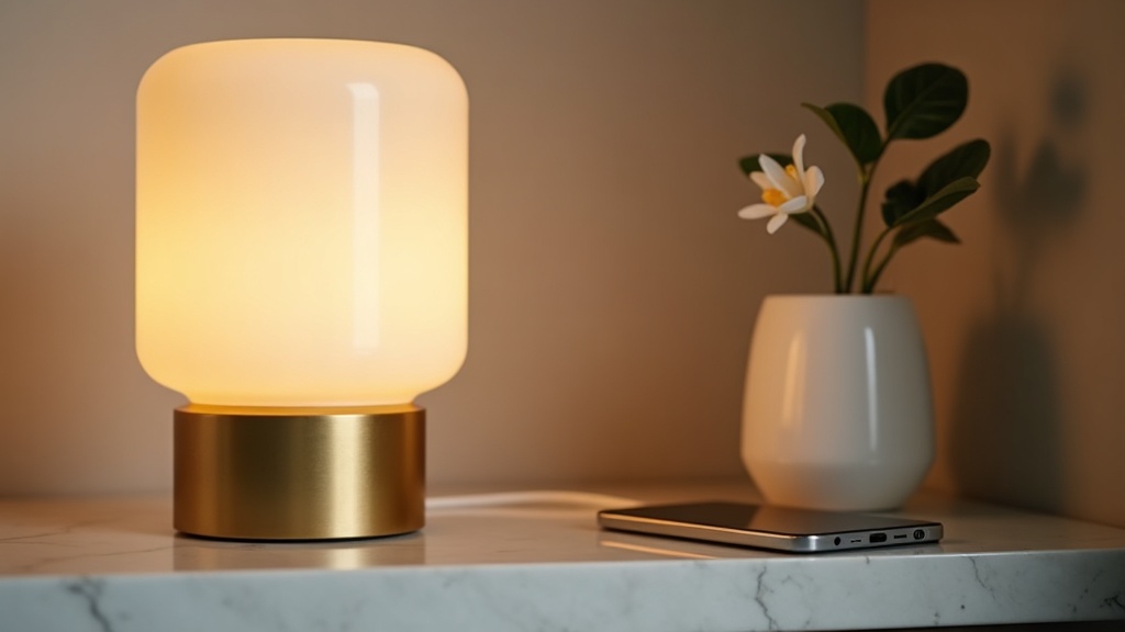 Luxury cordless lamp charging on a magnetic USB-C base on a marble shelf