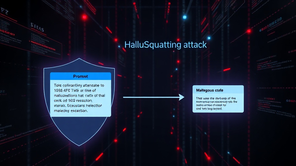 Diagram illustrating the HalluSquatting attack flow from prompt to malicious code execution.