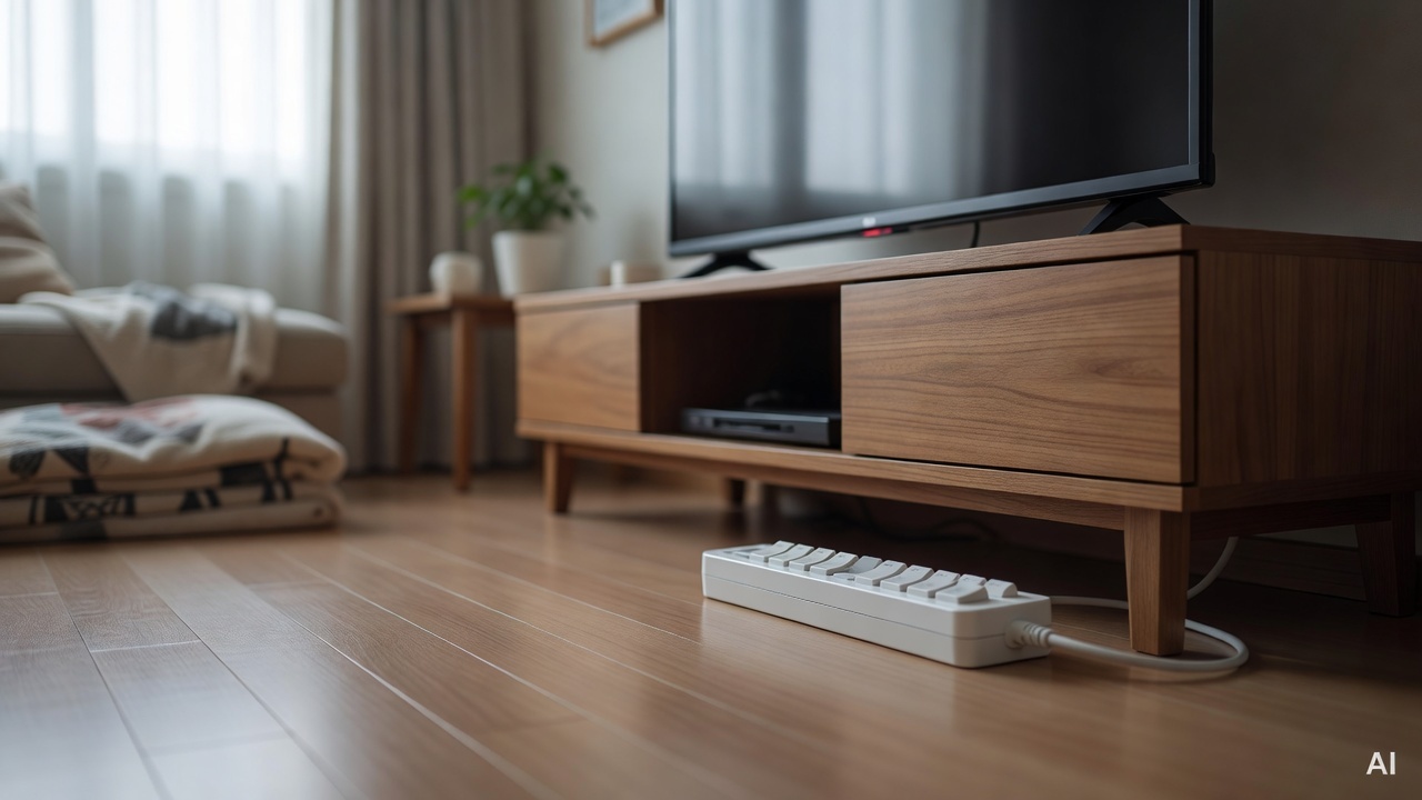 power strip with switch buttons on a living room floor next to a TV stand