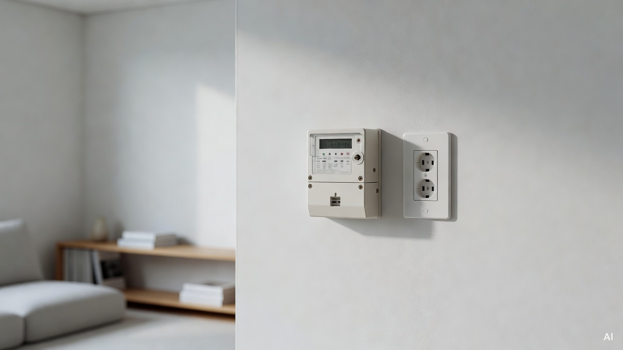 electric meter and power outlet on a white wall inside a Korean apartment