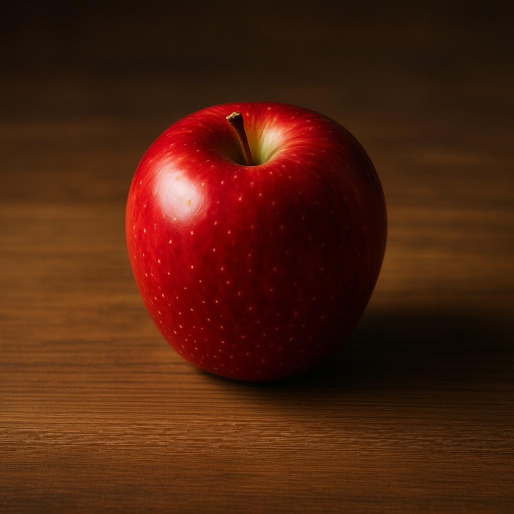 a red apple on a wooden table, studio lighting