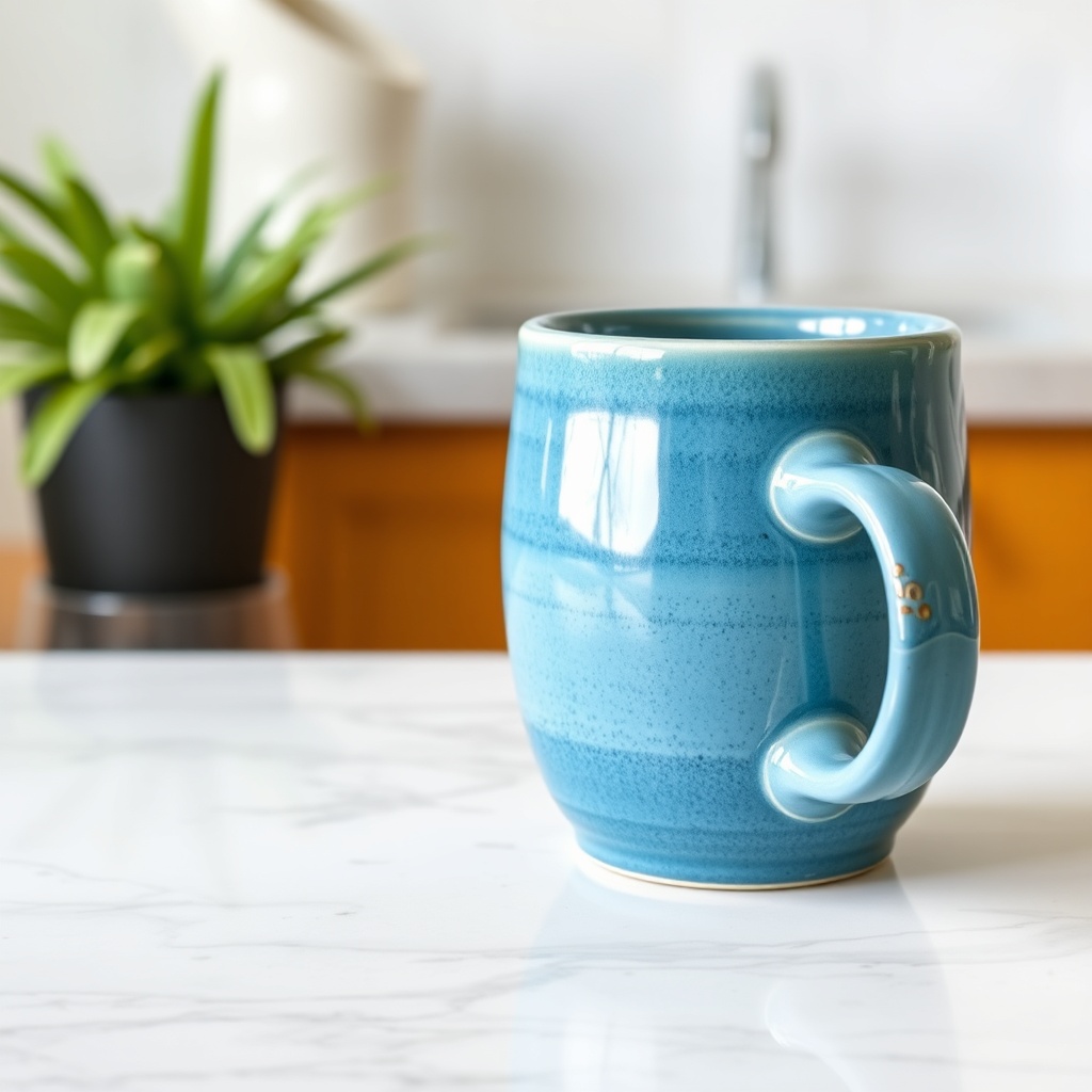 a blue ceramic coffee mug on a marble counter