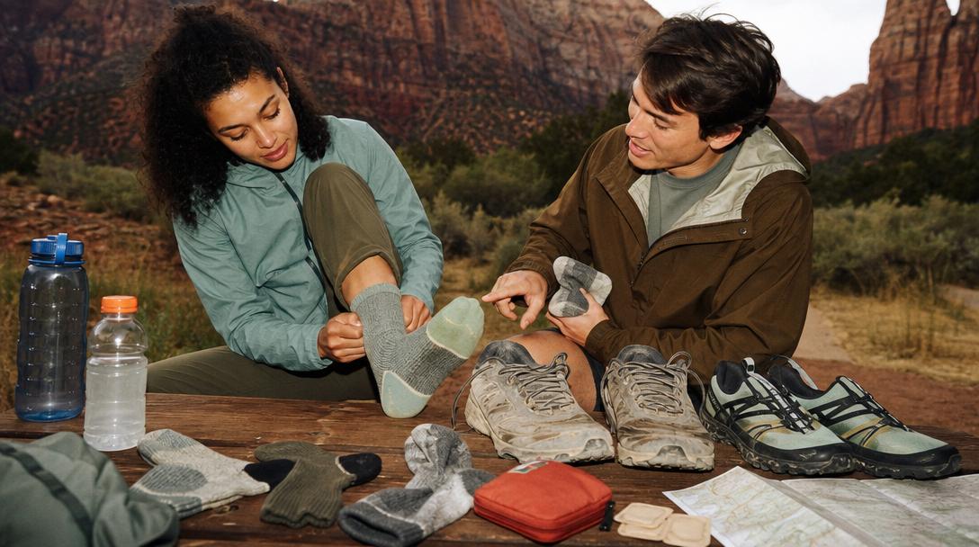 Various hiking shirts and sun protection layers laid out for Zion hikes