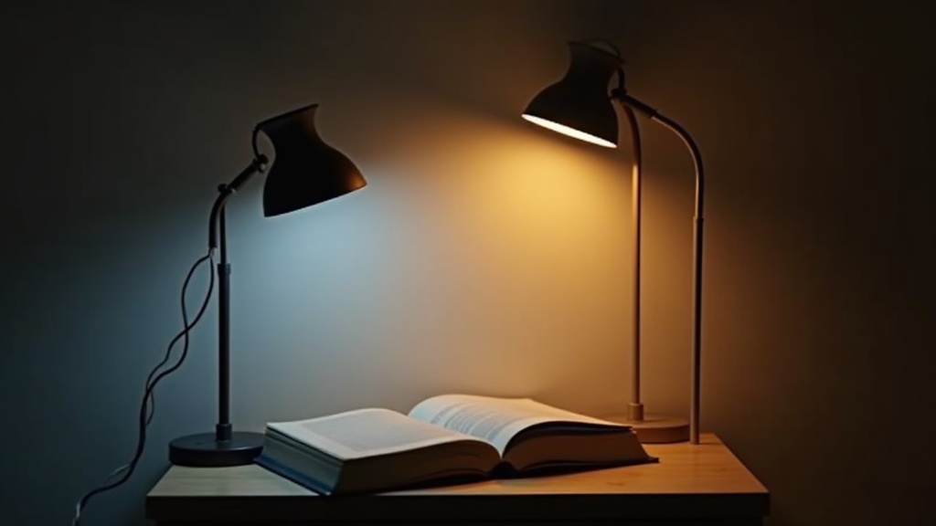 Comparison of cold versus warm light on a book in a bedroom reading corner