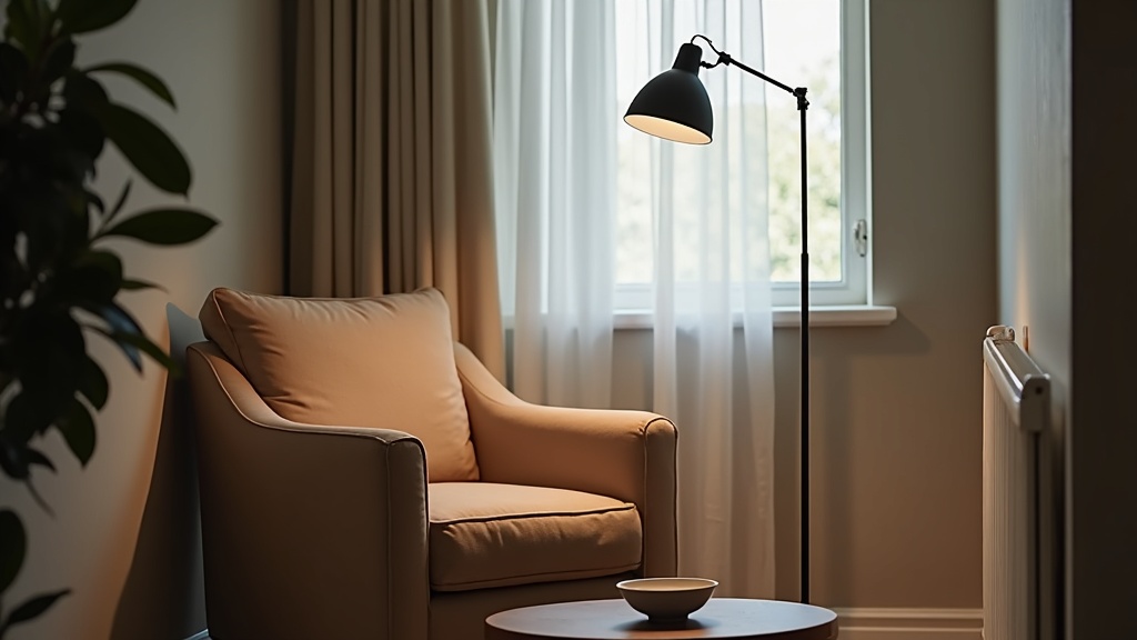 Adjusting floor lamp height in a bedroom reading corner to shoulder level