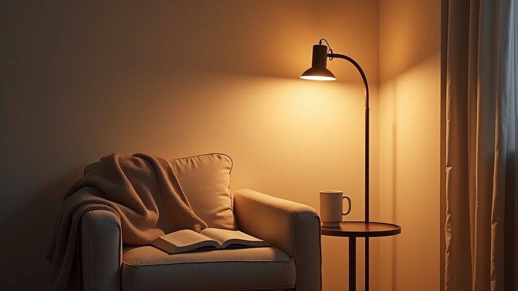 Reading lamp casting warm light in a bedroom corner with an armchair and open book