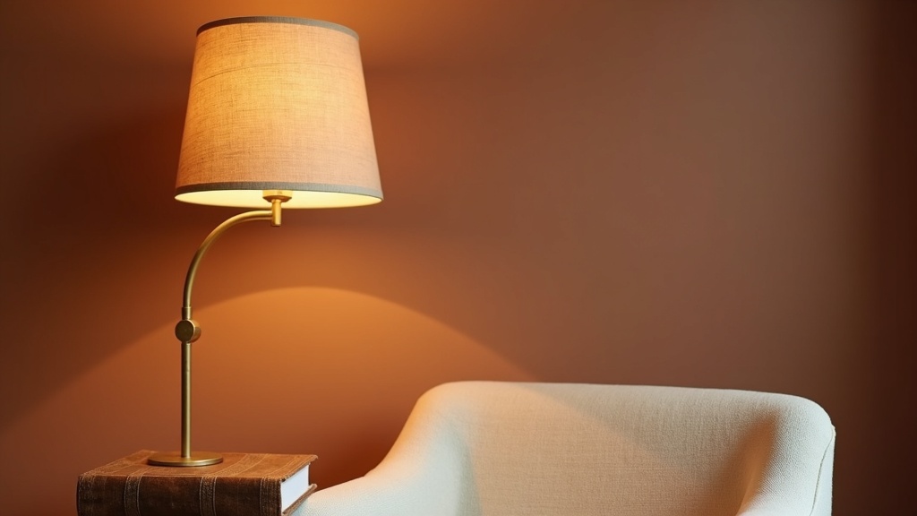 Linen shade on a brass arc floor lamp casting warm light over a reading chair