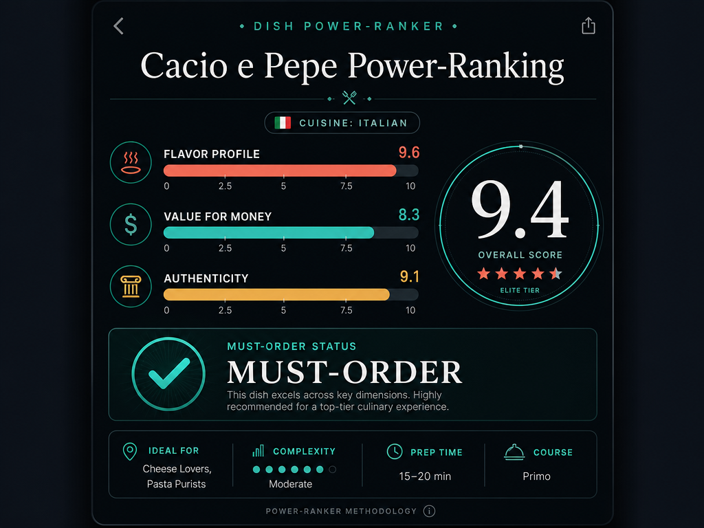 A digital dashboard mockup showing a dish-level ranking for Cacio e Pepe with flavor, value, and authenticity scores and a 9.4 rating.