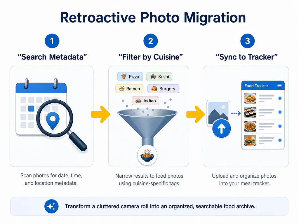 A three-step infographic demonstrating how to migrate restaurant photos from a mobile camera roll into a structured tracking app using metadata.