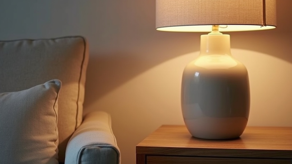 Lamp shade bottom edge at seated eye level beside a sofa