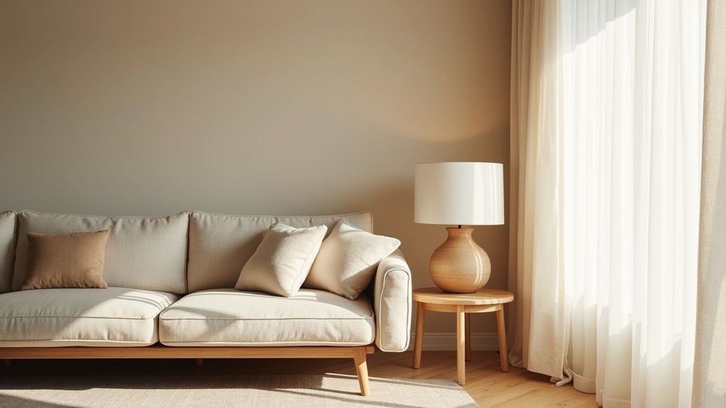 Table lamp next to a sofa at the correct height, Scandinavian living room
