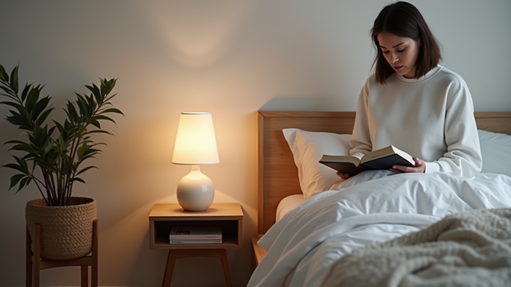 Bedside lamp on a nightstand at the correct shoulder height