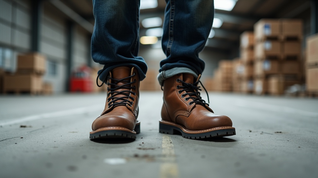 Work boots on concrete floor showing the impact surface that insoles must absorb