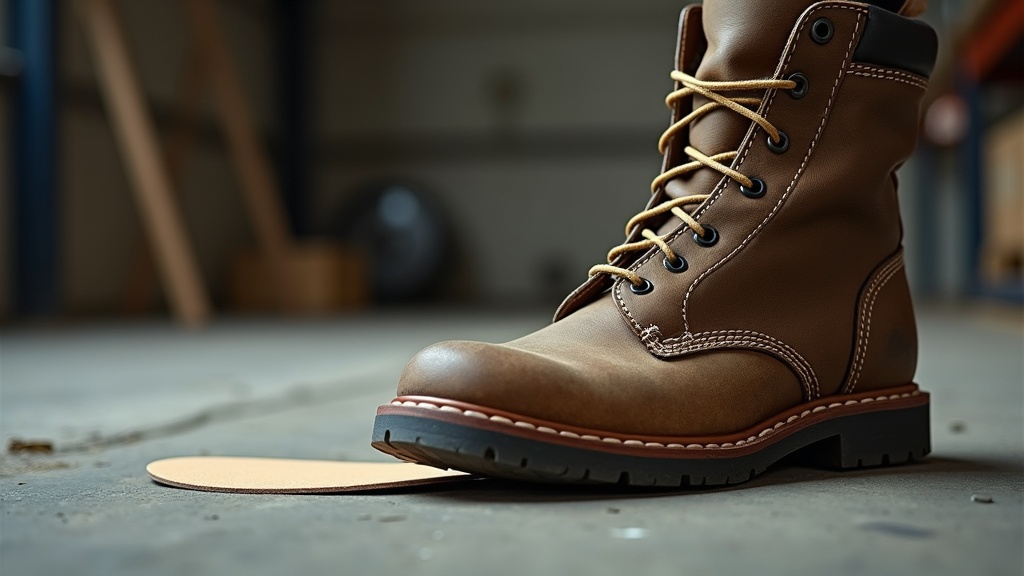 Good insoles for work shoes placed into a steel-toe work boot on a concrete floor