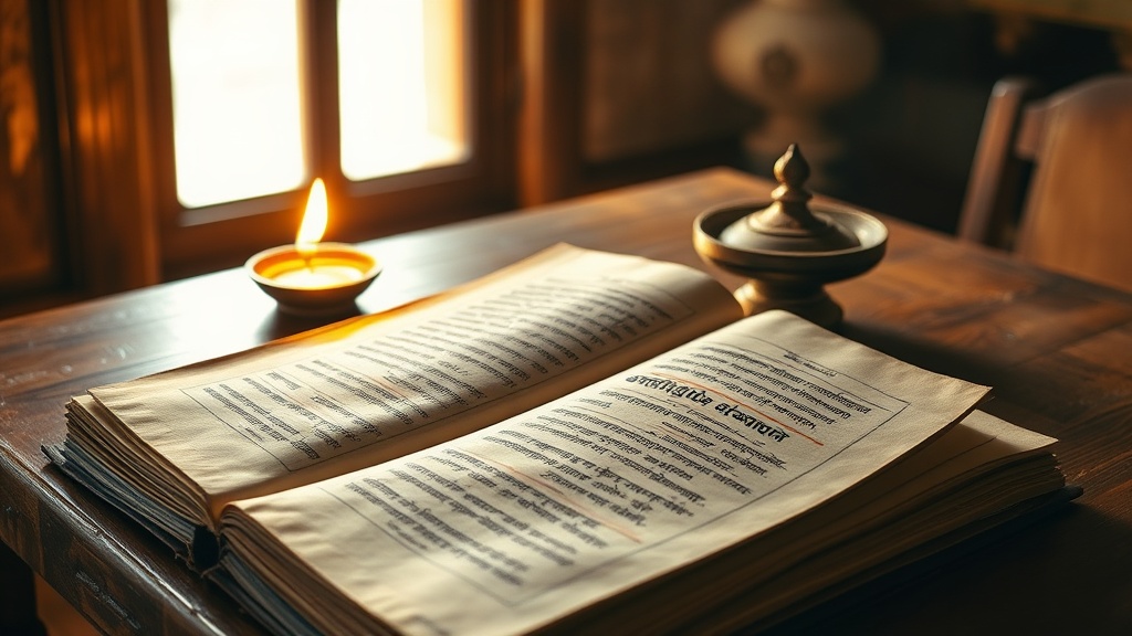 Manuscrit bouddhiste tibétain et lampe à beurre dans un monastère