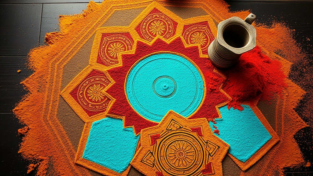 Mandala de sable tibétain en cours de création avec des sables colorés et un chak-pur