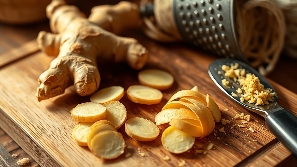 Rhizome de gingembre frais tranché en rondelles sur une planche en bois, prêt à infuser