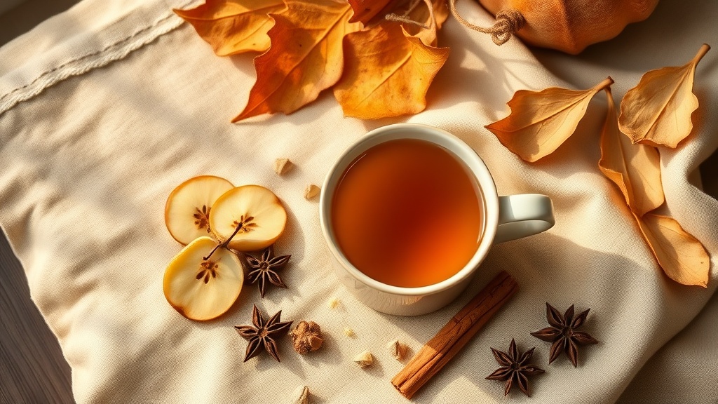 Tasse d'infusion de gingembre aux pommes et cardamome posée sur un tissu en lin avec des épices automnales
