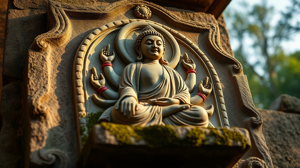Relief sculpté représentant un bodhisattva à bras multiples dans la tradition tibétaine