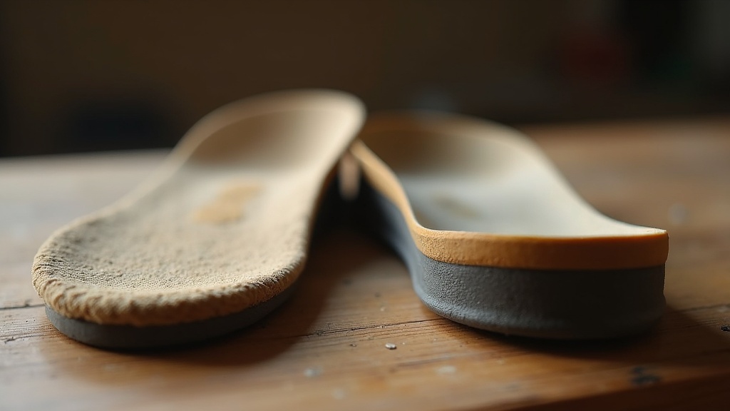 Worn factory insole compared to a thick aftermarket work boot insole with arch support
