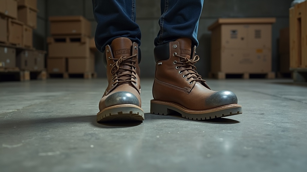 Steel toe work boots standing on a concrete warehouse floor