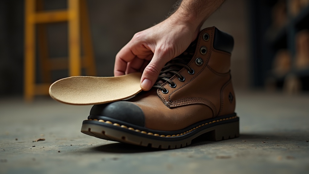 Worker inserting a new insole into a steel toe work boot on a concrete floor