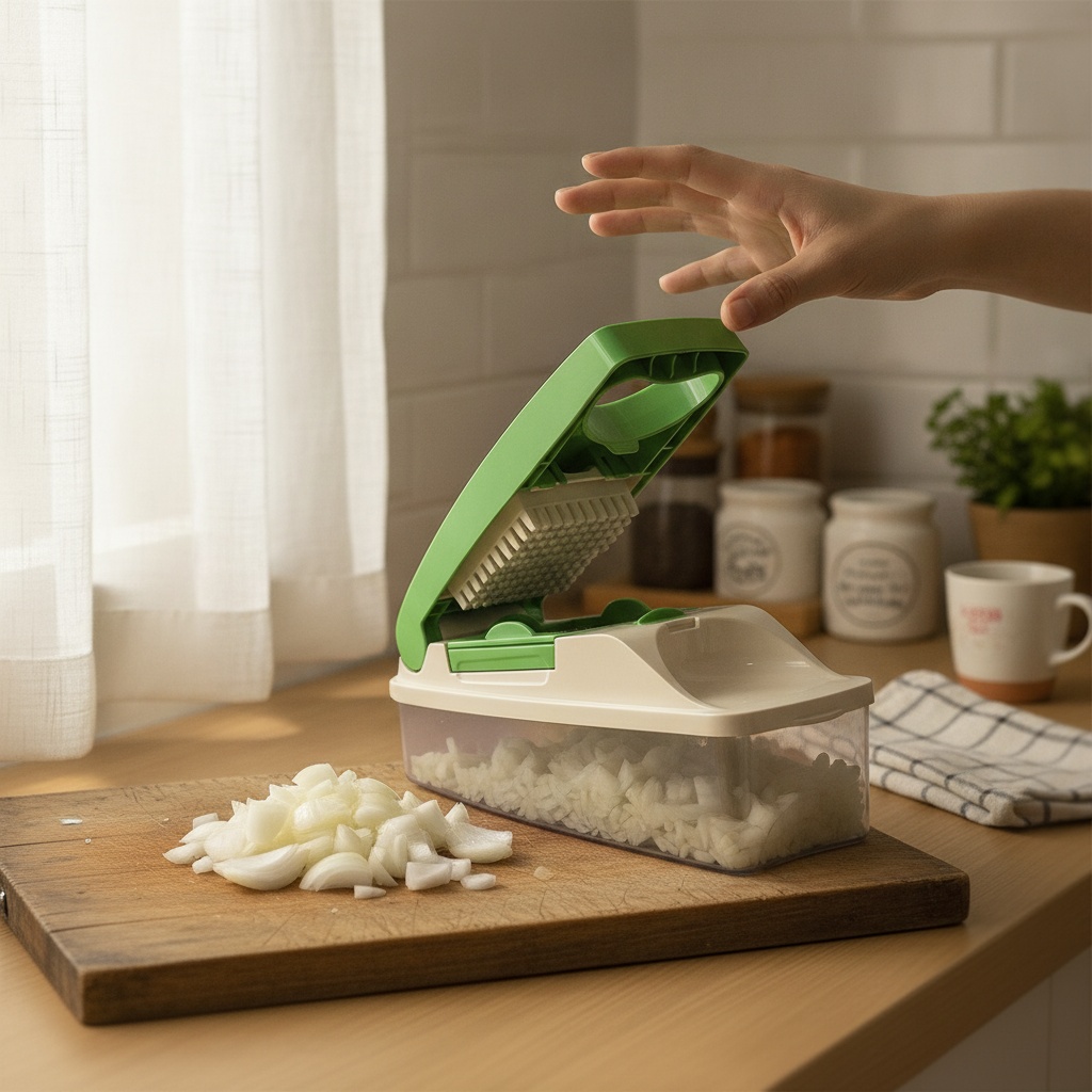 Customer using Elix chopper in modern kitchen