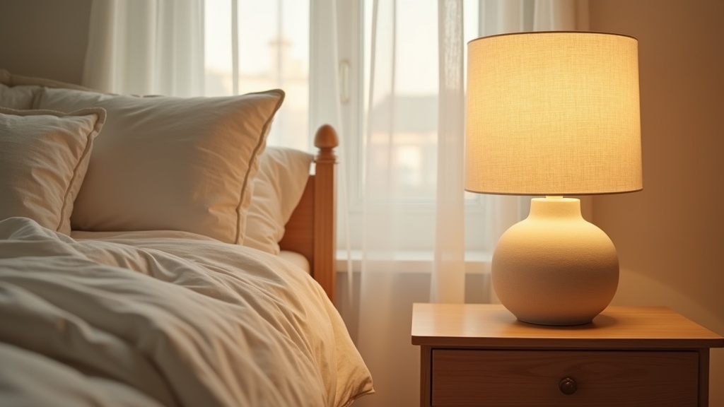 Linen lampshade casting soft warm light in a calm Scandinavian bedroom