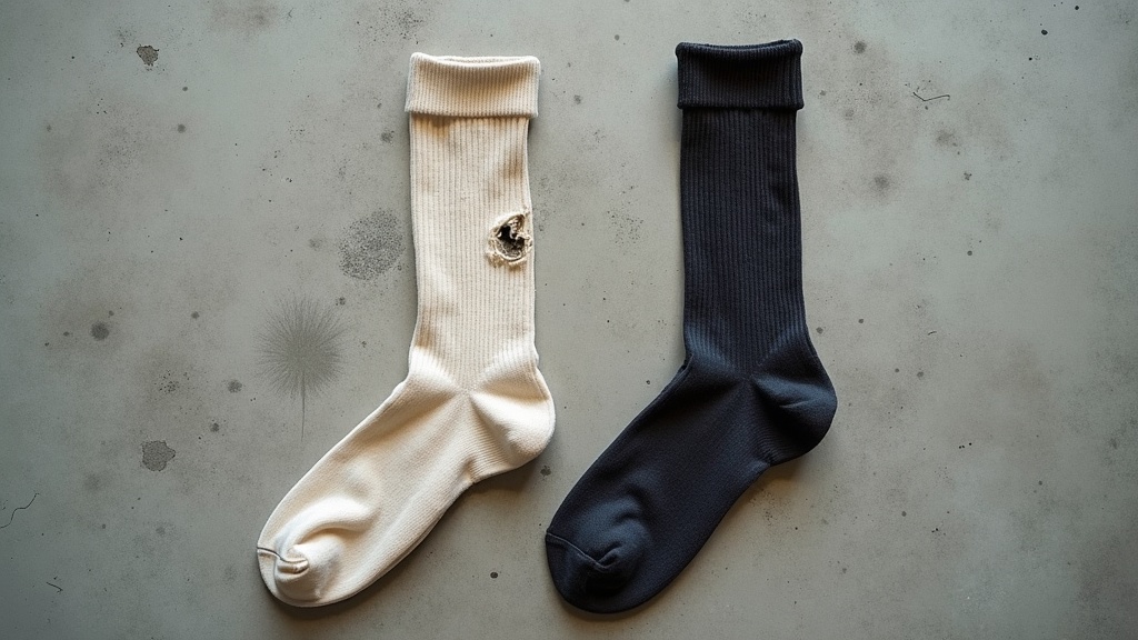 Worn cotton sock versus intact merino wool work sock after comparable use