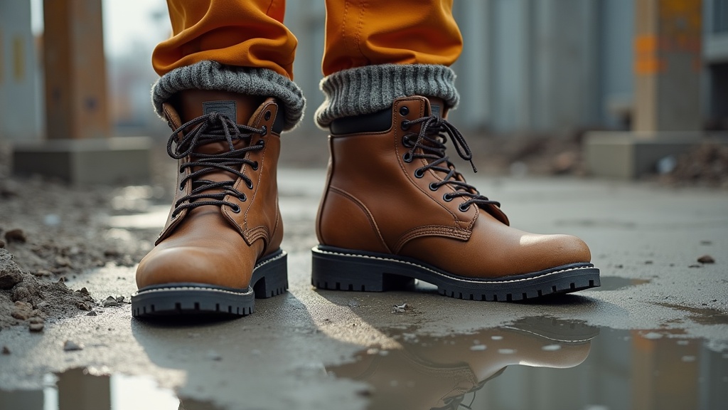 Work boots on concrete jobsite with merino wool work socks visible