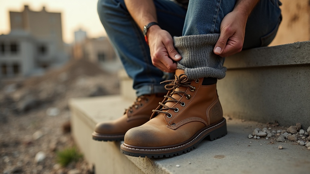 Construction worker adjusting Darn Tough work sock on a jobsite break