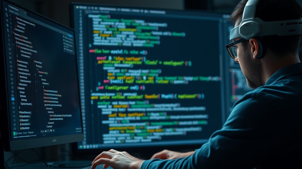 Developer meticulously crafting complex prompts in an IDE environment