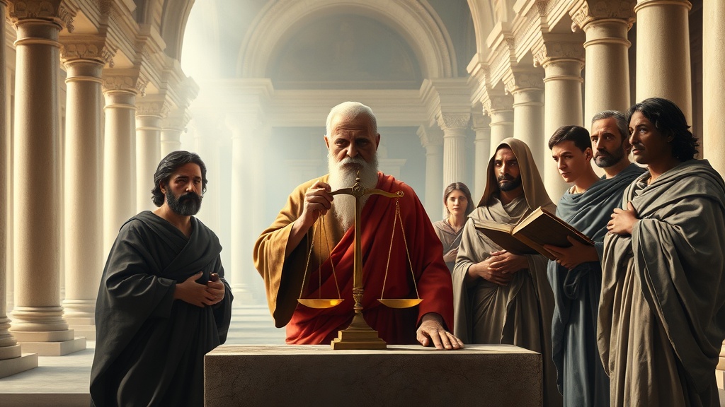 A dignified symbolic scene of justice and moral responsibility