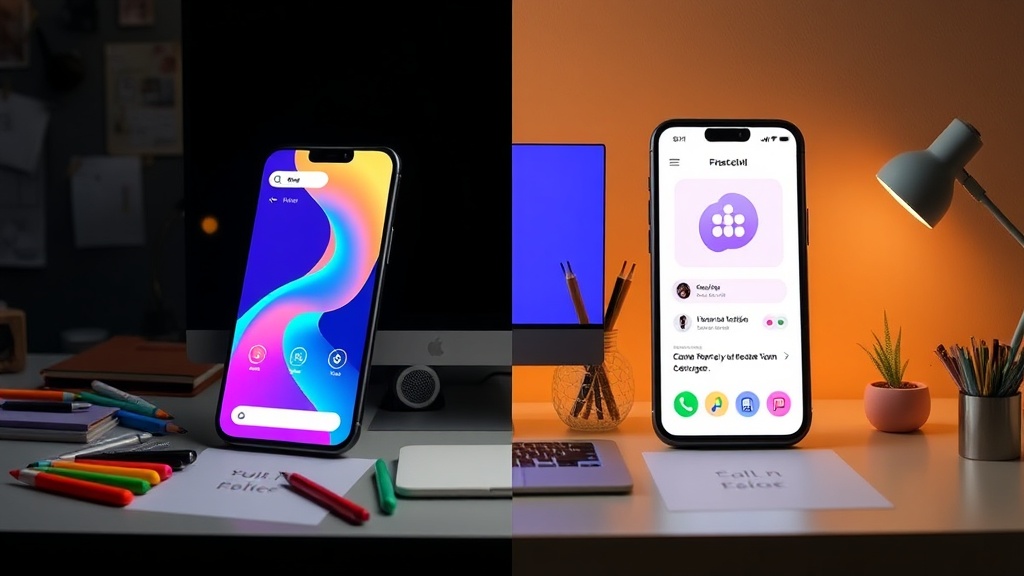 A side-by-side comparison of a trendy, animated UI element versus a calm, static mental health app interface.