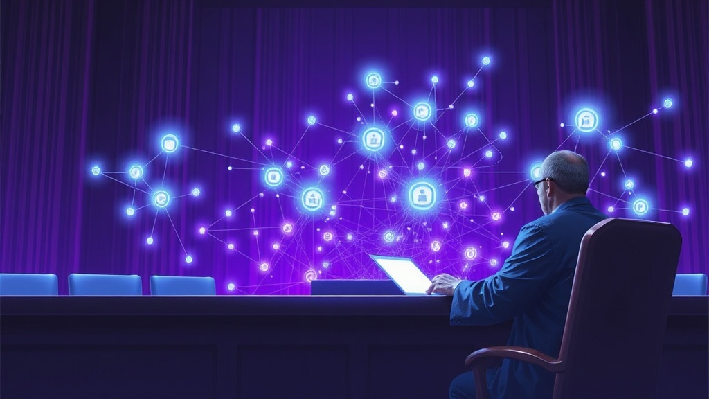 Courtroom illustration depicting a judge examining digital evidence during a high-stakes tech trial