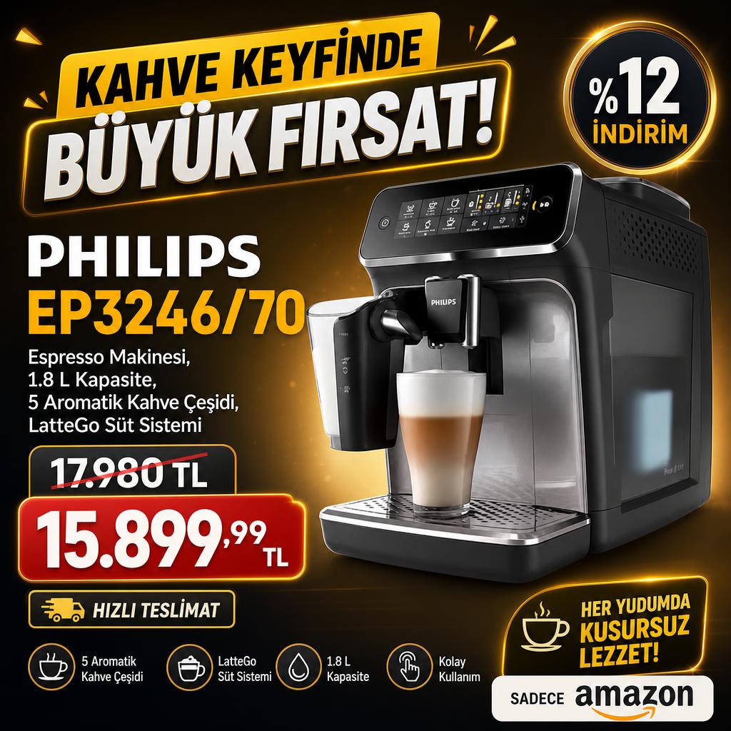 PHILIPS EP3246/70 Espresso Makinesi, 1.8 L Kapasite, 5 Aromatik Kahve Çeşidi, LatteGo Süt Sistemi