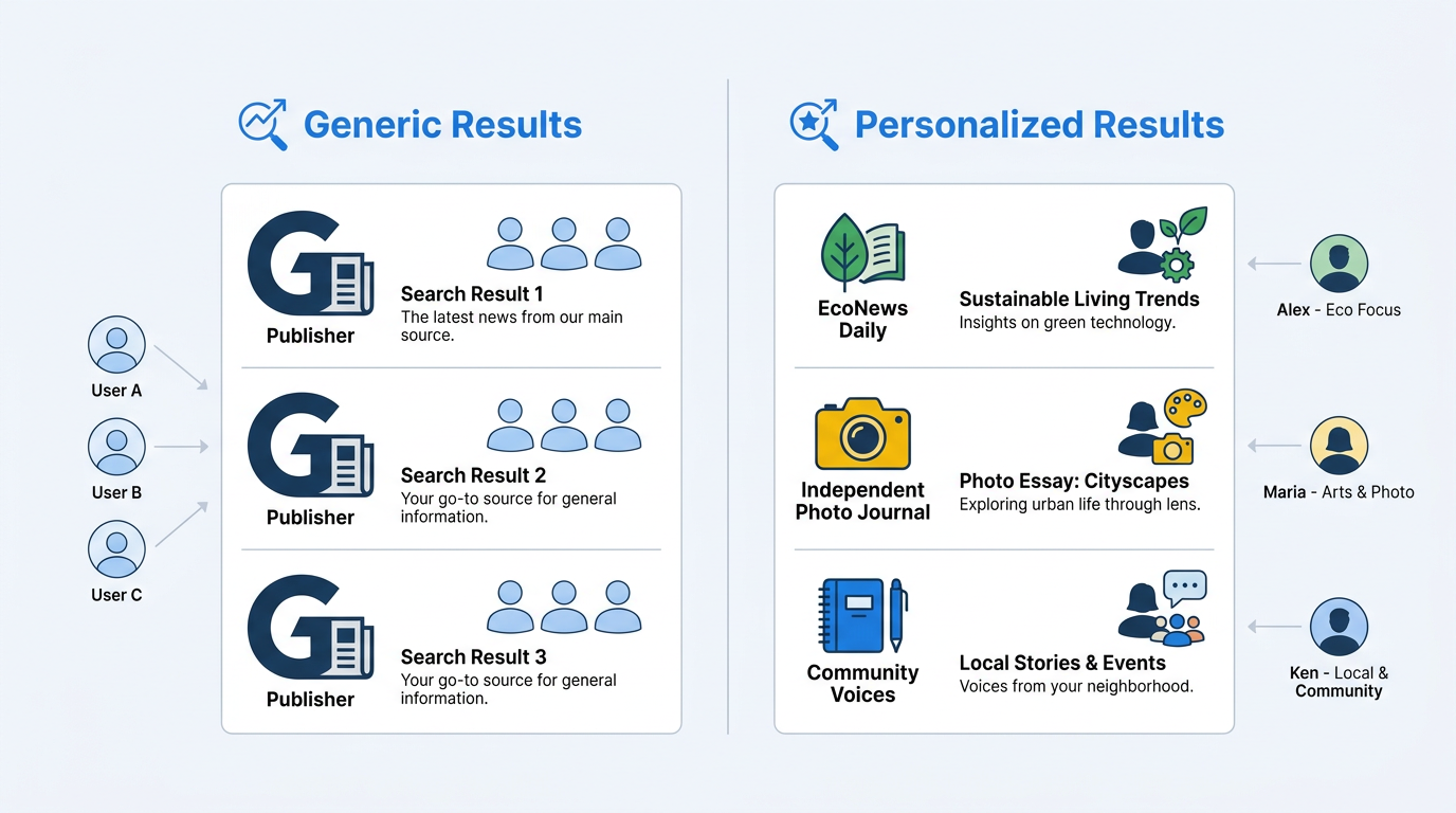 Illustration comparing generic search results versus personalized niche publisher results