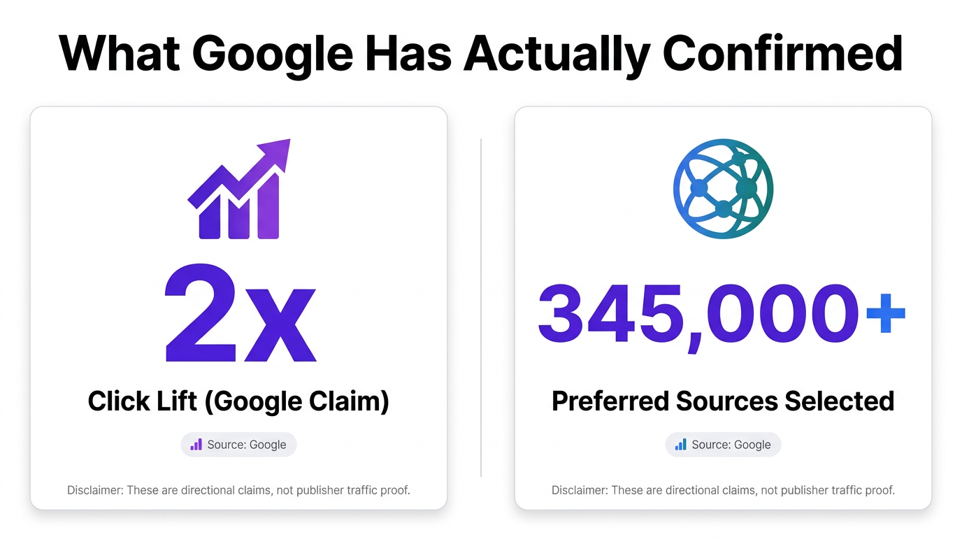 Infographic comparing Google's 2x click lift claim and 345000 preferred sources stat