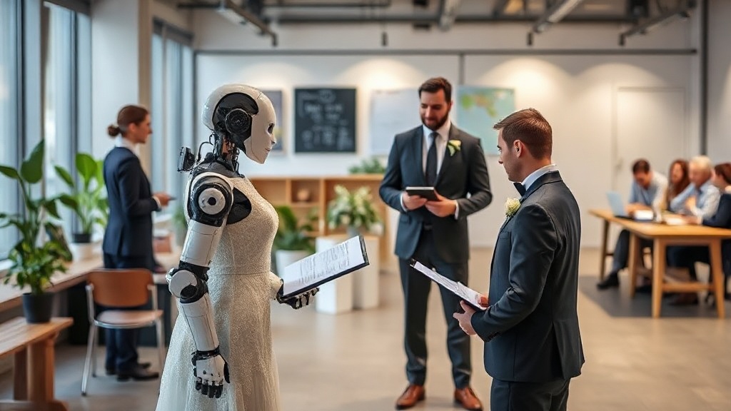 A robot officiant stands before a human couple at a wedding ceremony in Russia.