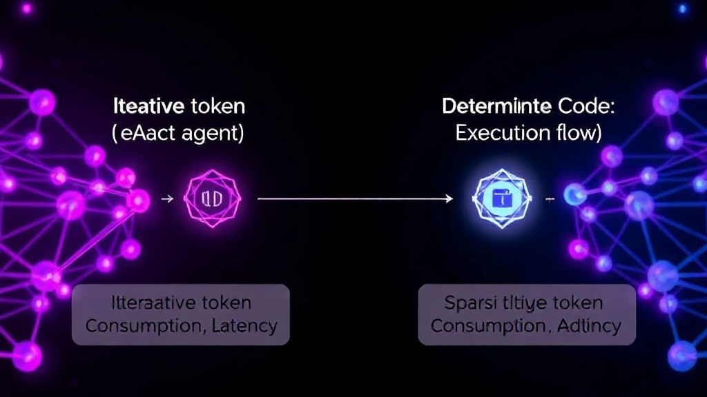 Diagram illustrating the iterative token consumption and latency of a ReAct agent versus a deterministic code execution flow.