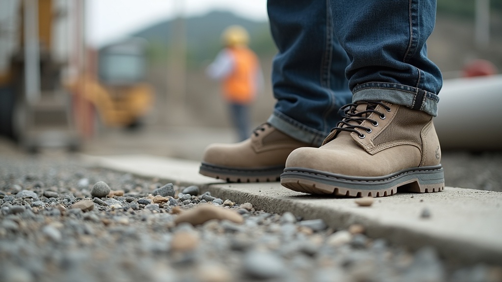 Trabajador de construcción con botas de seguridad sobre losa de concreto