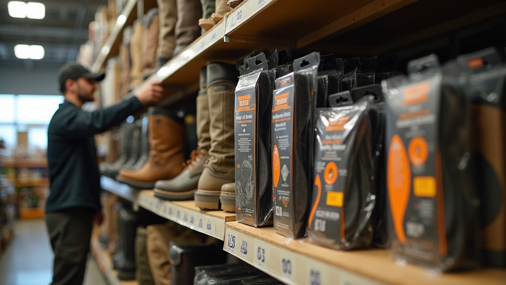 Estante de tienda con plantillas para botas de trabajo de distintas marcas
