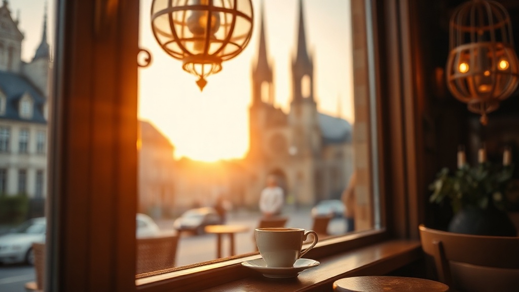 Vue sur la cathédrale de Rouen depuis un salon de thé, tasse posée sur le rebord de fenêtre