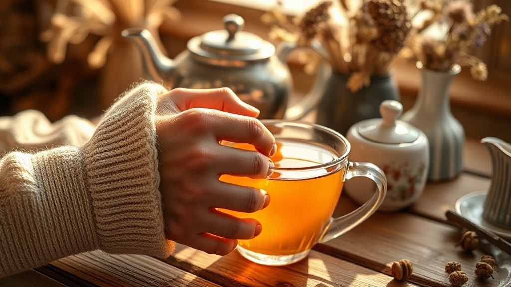 Tasse de thé fumant dans un salon de thé cosy à Rouen, ambiance chaleureuse
