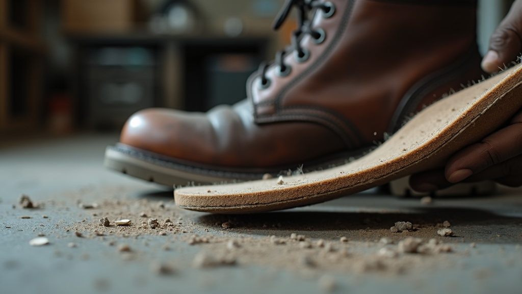 Plantilla para botas de trabajo sobre suelo de concreto en taller