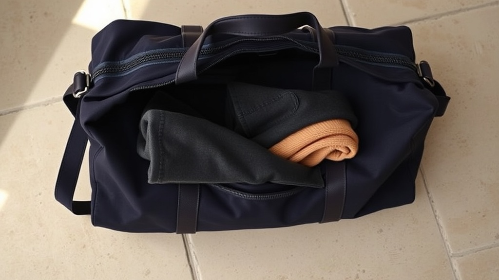 Structured navy travel duffle bag open to show neatly packed wool trousers and rolled cashmere sweater for a quiet luxury travel capsule