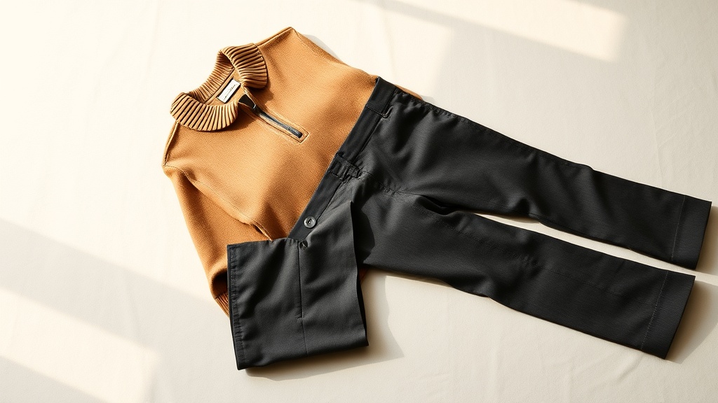Flat-lay of quiet luxury travel outfit components: camel half-zip wool knit, charcoal straight-leg trousers, and tan suede loafers on pale linen