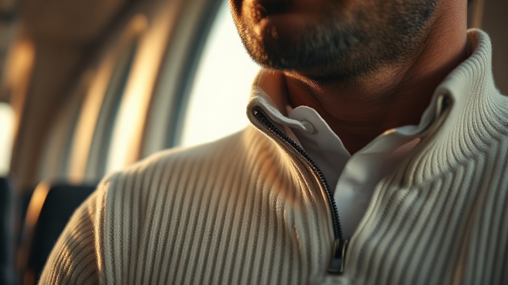 Close detail of a cream half-zip wool sweater over an oxford collar shirt, quiet luxury airport outfit layering for men