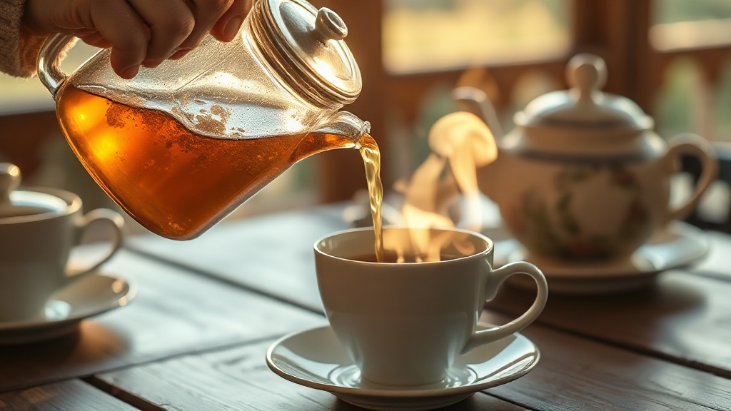 Versement de thé fumant d'une théière en verre dans une tasse en porcelaine, ambiance chaleureuse